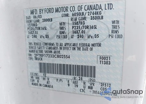 2003 Ford F-150 Xl/Xlt из США, поврежденный, VIN 2FTRF17233CB02554